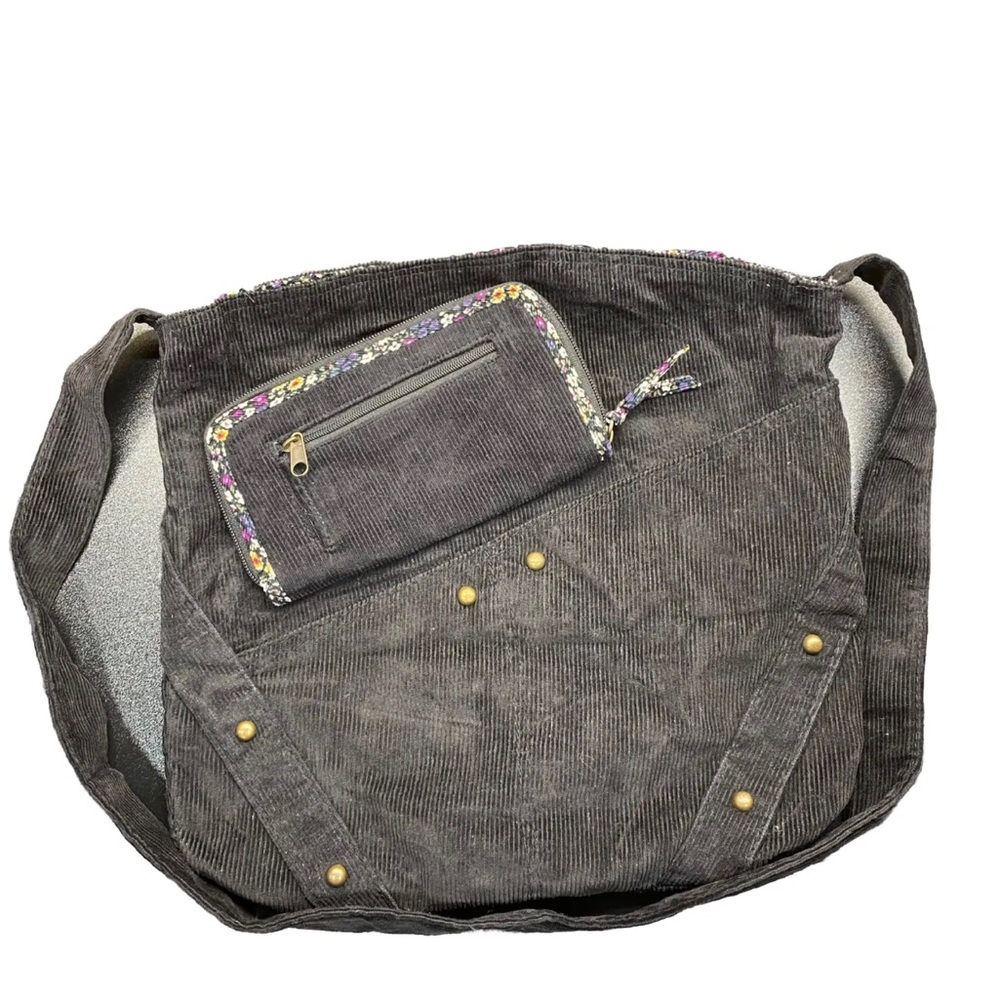 Y2K l.e.i. purse handbag black corduroy tote floral lining with matching wallet